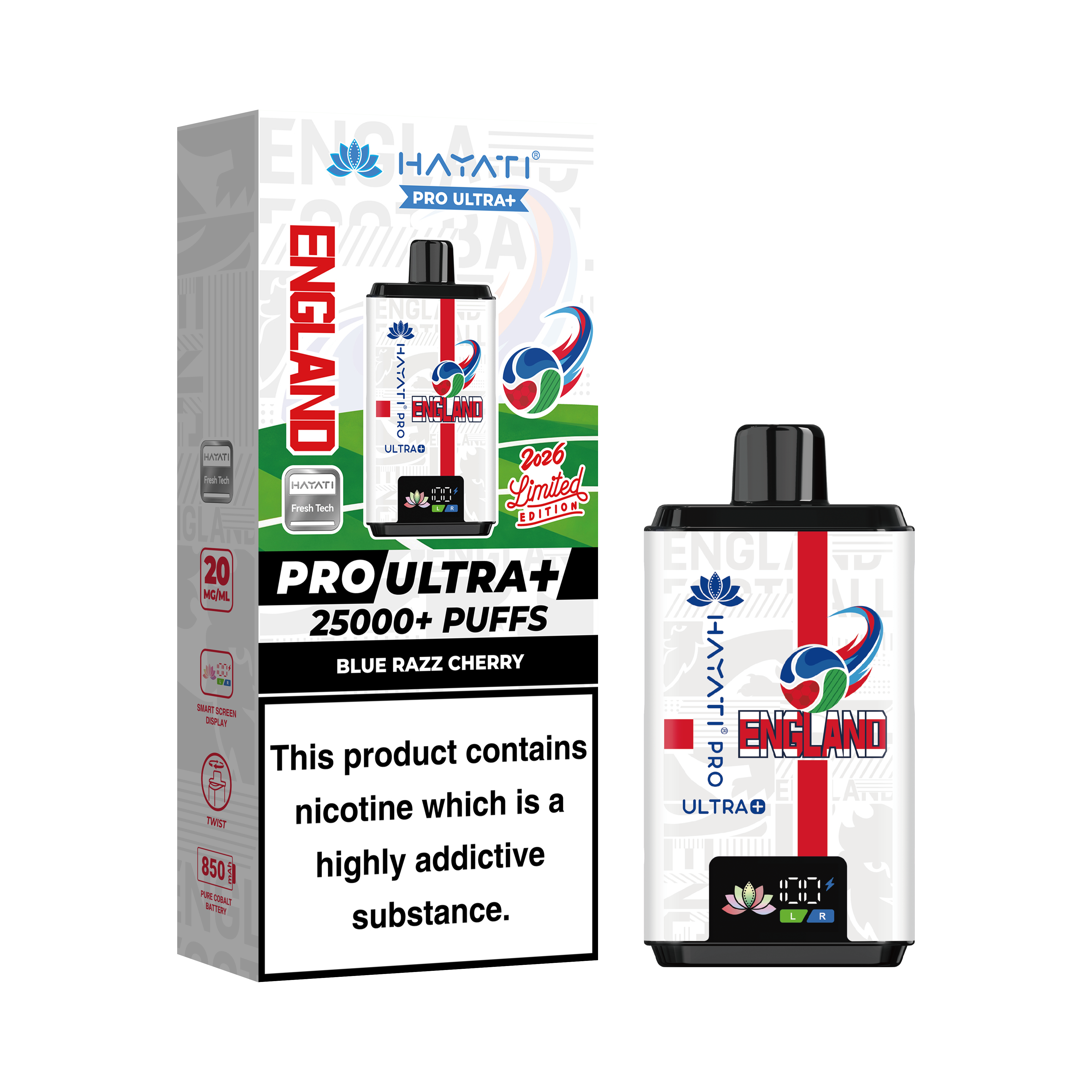 Hayati® Pro Ultra+ 25000+ Vape Kit World Cup Limited Edition - England (20mg)