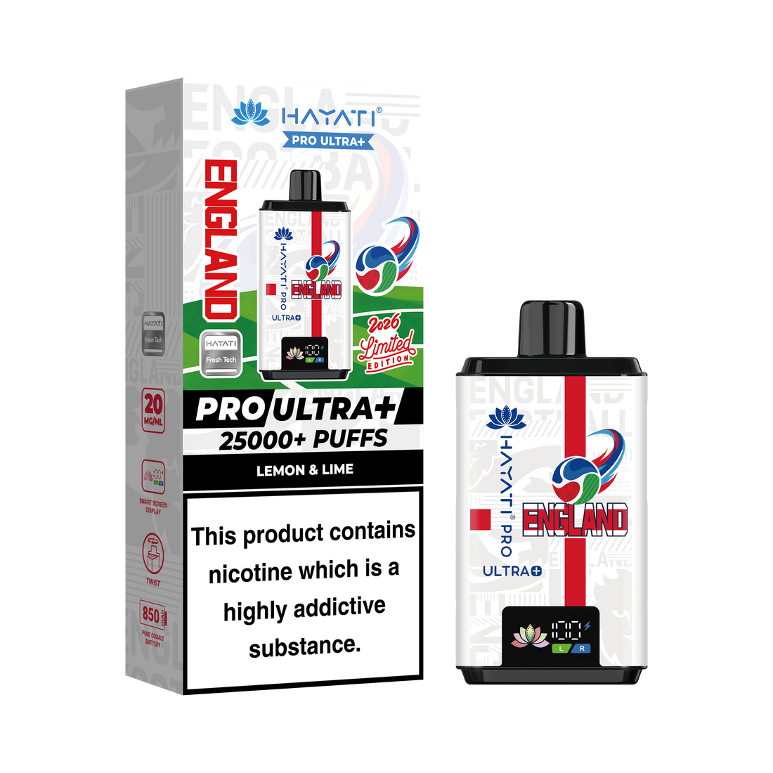 Hayati® Pro Ultra+ 25000+ Vape Kit World Cup Limited Edition - England (20mg)