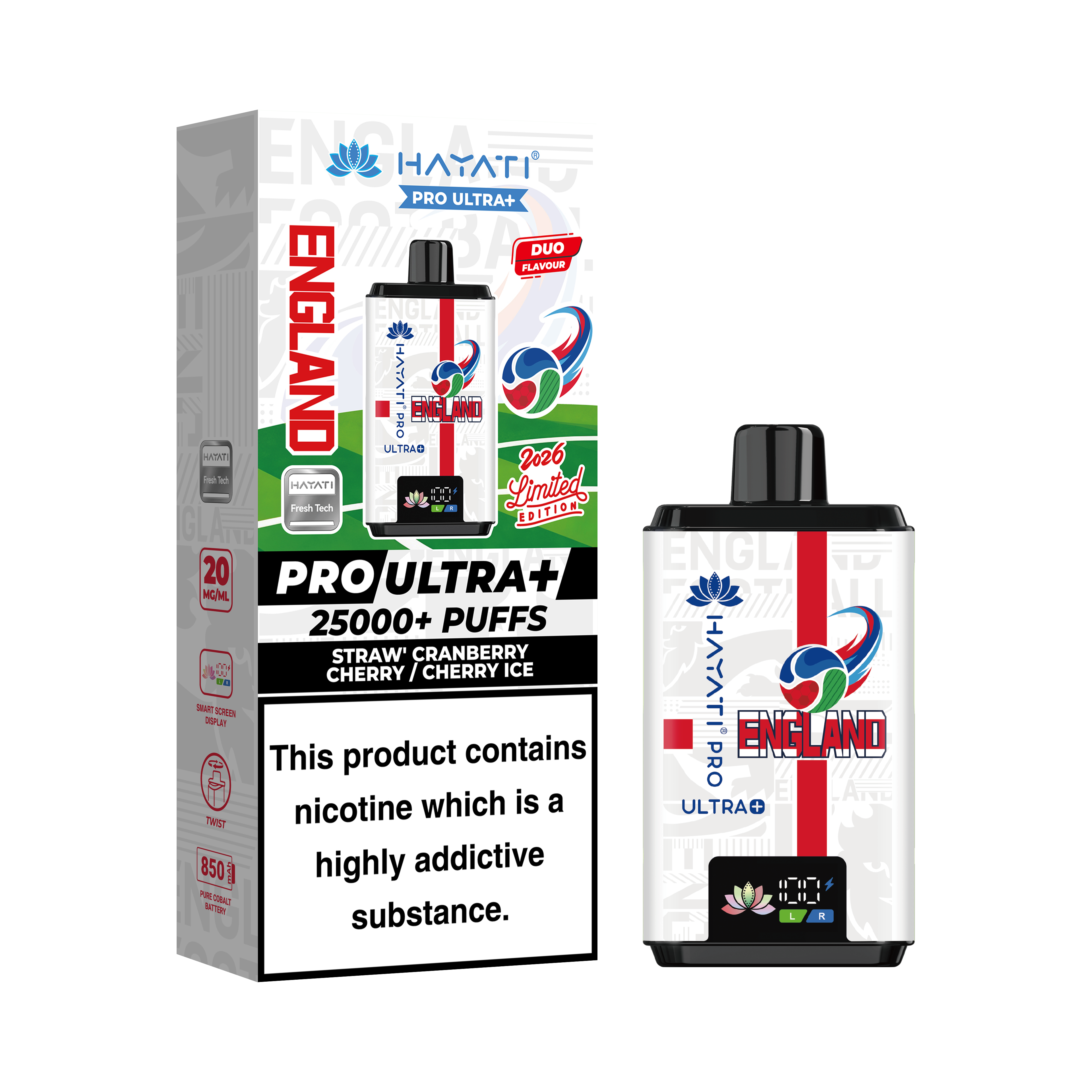 Hayati® Pro Ultra+ 25000+ Vape Kit World Cup Limited Edition - England (20mg)